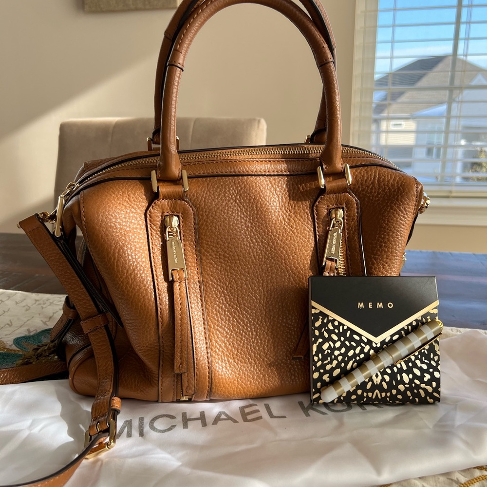 Michael Kors Julia Lg Satchel Shoulder Bag Acorn Brown Leather W Gold Free Gift!